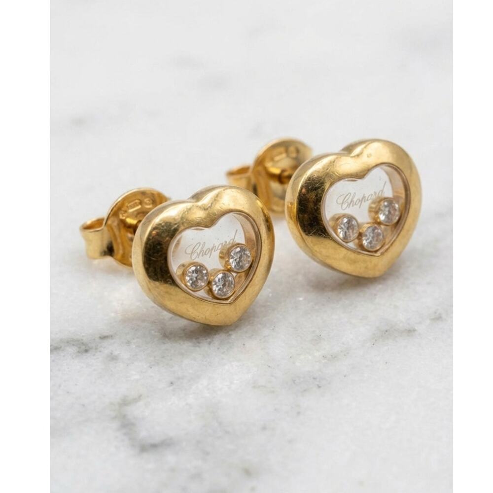 Chopard Floating Happy Diamonds 18K Yellow Gold Heart Stud Earrings